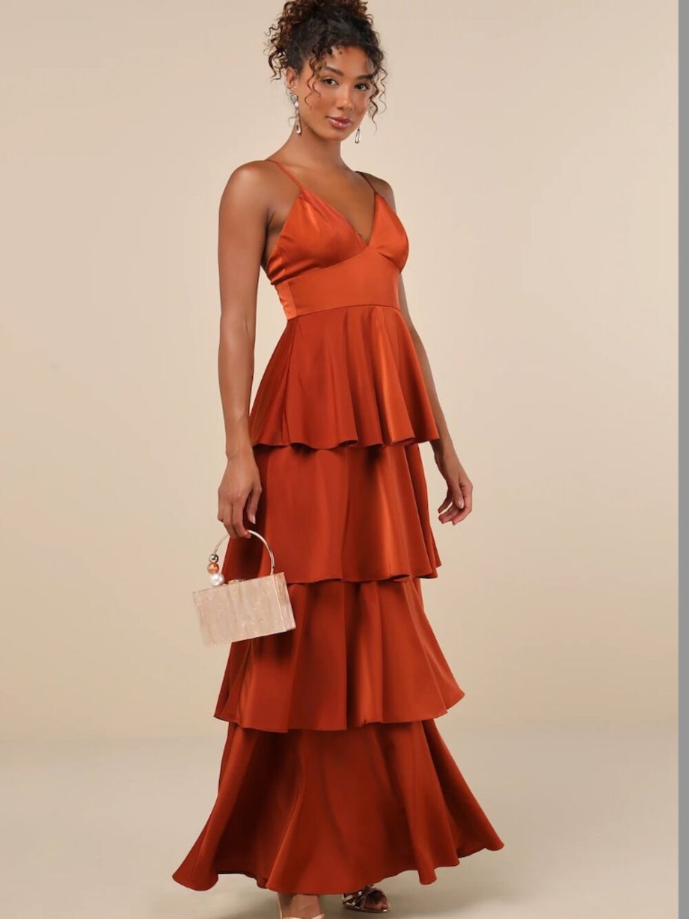 Unopened Rust Brown Satin Tiered Gown